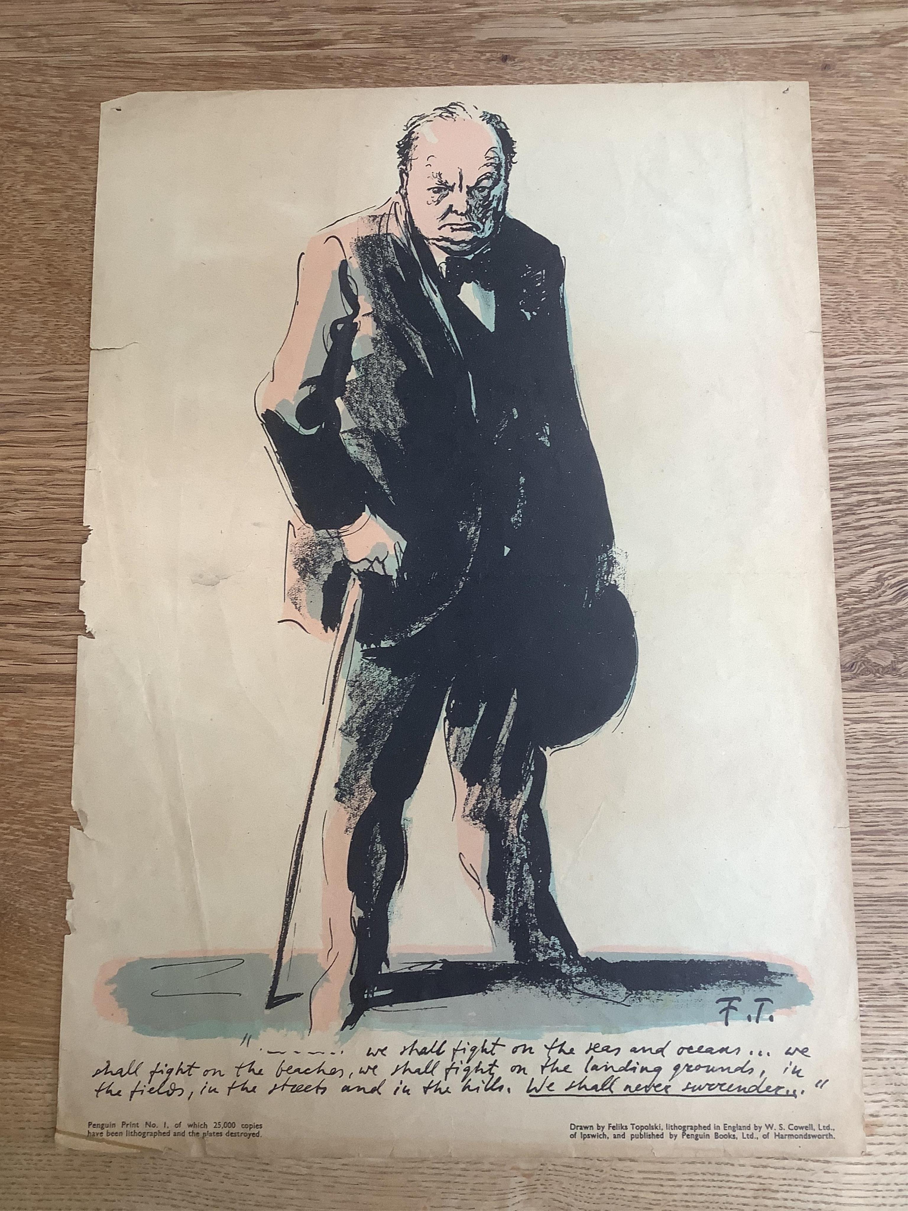 Feliks Topolski RA (Polis, 1907-1989), lithograph, Sir Winston Churchill, Penguin Print No.1, 40.5 x 29cm, unframed. Condition - poor to fair